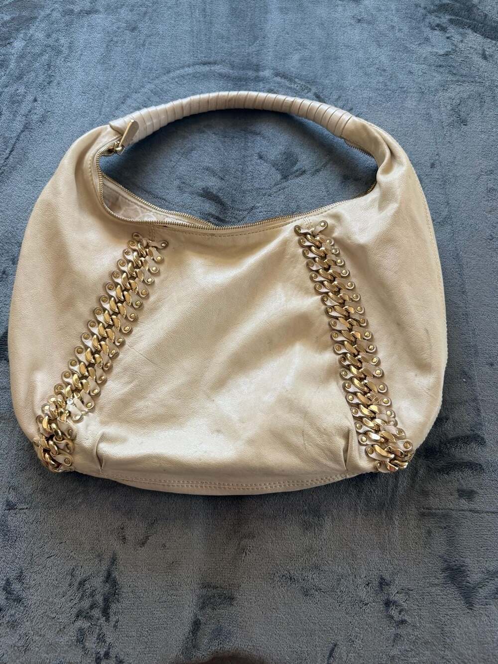 Michael Kors Skorpios Cream Leather Hobo Bag with Gold Chain Detail